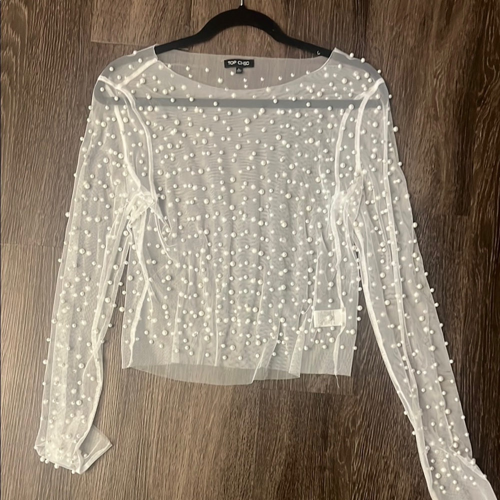 Topshop White Sheer Pearl Embellished Women's Top